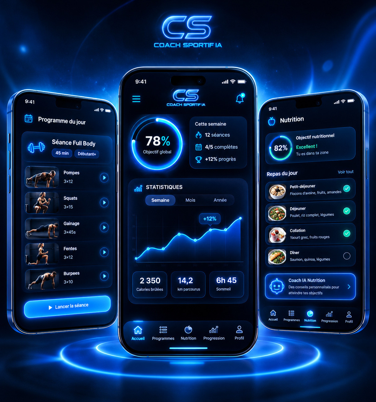 Application COACH SPORTIF IA — trois écrans smartphones