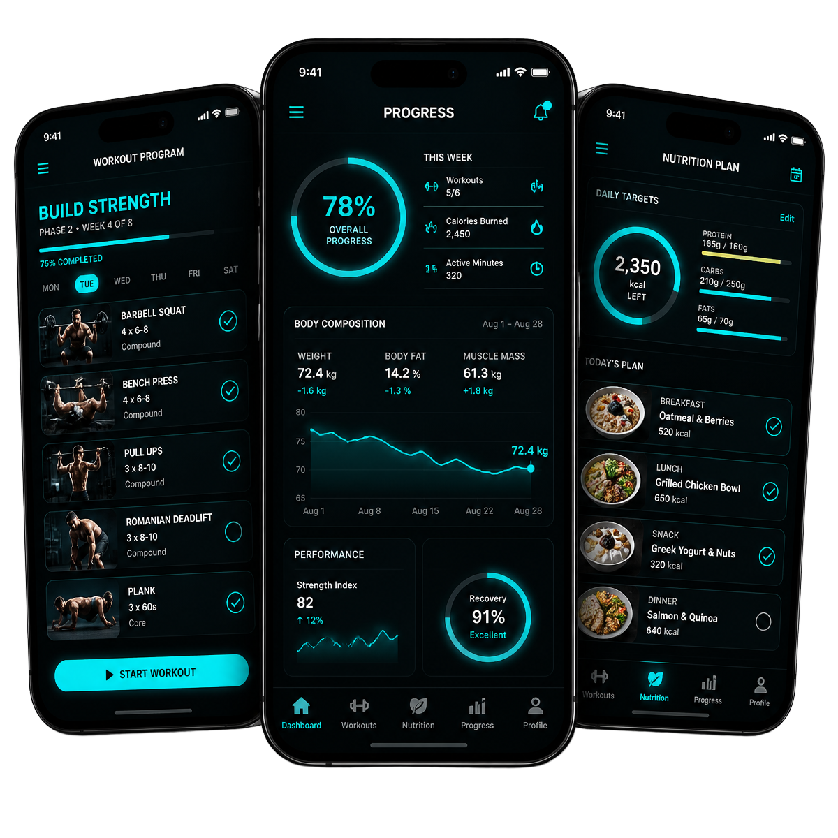 Application COACH SPORTIF IA — trois écrans smartphones